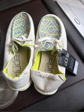 Hey Dude Cream Slip-On Sneakers with Neon Yellow Accents